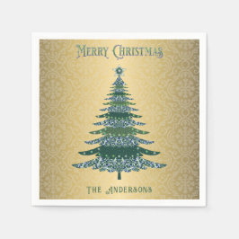 Eleganter Weihnachtsbaum Green Gold Name Custom Serviette