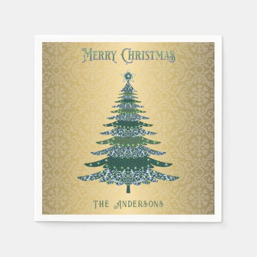 Eleganter Weihnachtsbaum Green Gold Name Custom Serviette (Vorderseite)