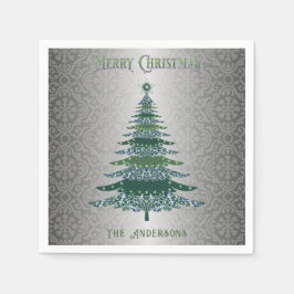 Eleganter Weihnachtsbaum Green Silver Name Custom Serviette