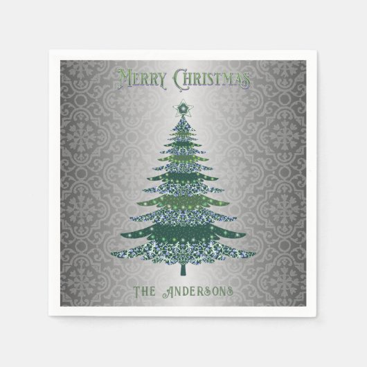 Eleganter Weihnachtsbaum Green Silver Name Custom Serviette (Vorderseite)