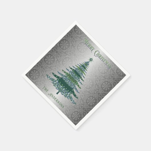 Eleganter Weihnachtsbaum Green Silver Name Custom Serviette (Ecke)