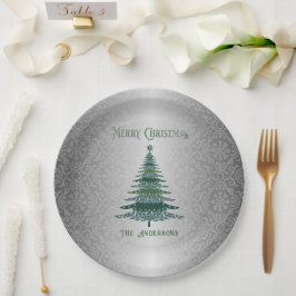 Eleganter Weihnachtsbaum Grün Silbername Ornamente Pappteller