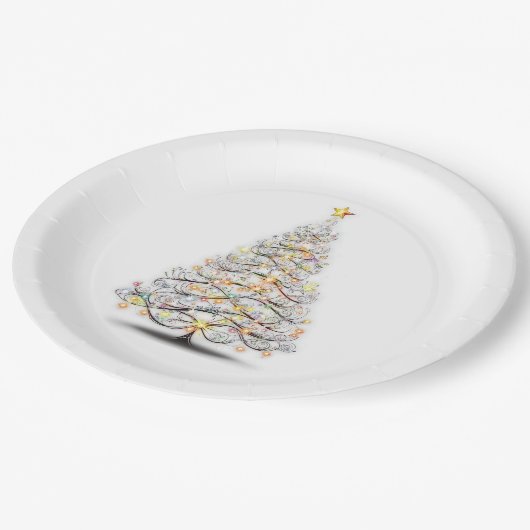 eleganter Weihnachtsbaum mit strahlenden Lichtern Pappteller (Schrägansicht)
