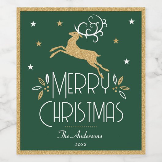Eleganter Weihnachtsbaum Rentierfest Grün Weinetikett (Einzelnes Label)