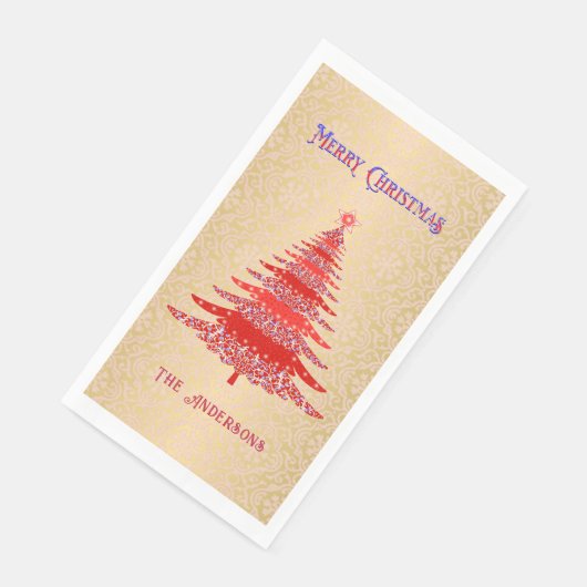 Eleganter Weihnachtsbaum Roter Gold Name Ornamente Serviette (Ecke)