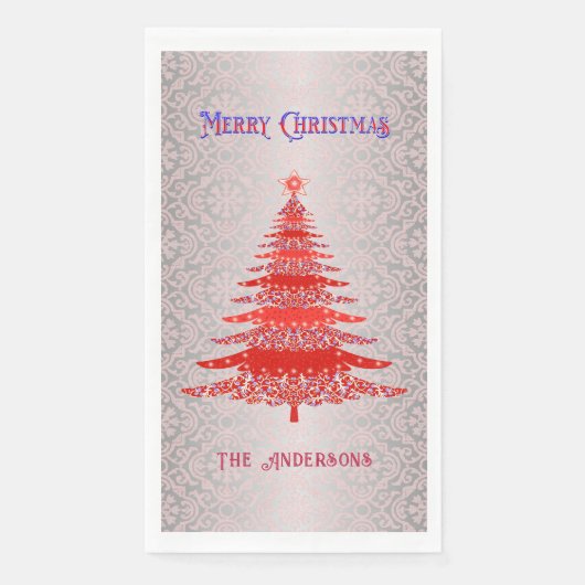 Eleganter Weihnachtsbaum Roter Silberner Name Orna Serviette (Vorderseite)