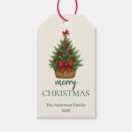 Eleganter Weihnachtsbaum – Rotes Band Geschenkanhänger (Vorderseite)