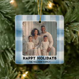 Eleganter Weihnachtsbaumschmuck mit blauem Karo un Keramikornament