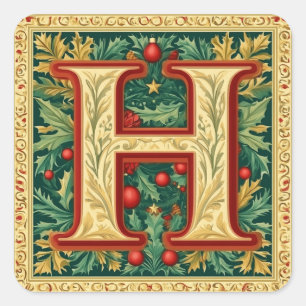 Eleganter Weihnachtsbrief H: Rot, Grün, Gold Quadratischer Aufkleber