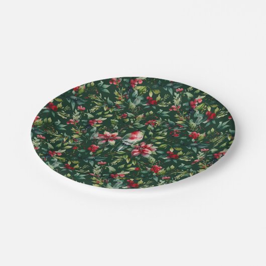 Eleganter Weihnachtsfest Botanischer Winter Robin  Pappteller (Schrägansicht)