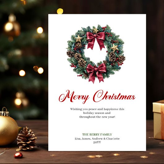 Eleganter Weihnachtskranz mit Kiefernzapfen Karte