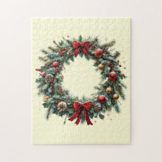 Eleganter Weihnachtskranz mit Zapfen und roter Sch Puzzle