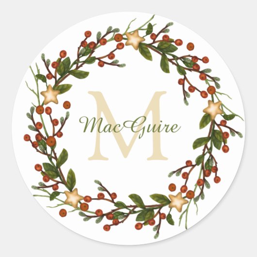 Eleganter Weihnachtskranz Monogramm Initiale Klass Runder Aufkleber (Vorderseite)