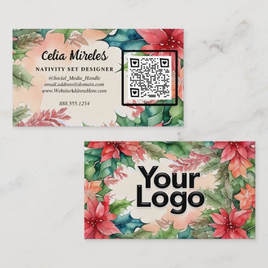 Eleganter Weihnachtskranz QR Code Begleitkarte (Vorne/Hinten)