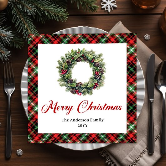 Eleganter Weihnachtskranz rote grüne Karo-Serviett Serviette