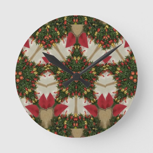 Eleganter WeihnachtsKranz-rotes grünes Runde Wanduhr (Vorderseite)