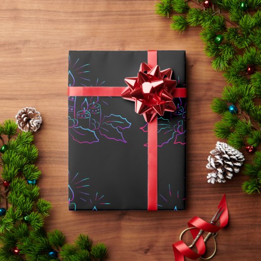Eleganter Weihnachtskranz und Kerzenneon schwarz Geschenkpapier (Feiertagsgeschenk)