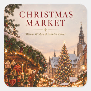 Eleganter Weihnachtsmarkt-Gruß, Winterurlaub Quadratischer Aufkleber