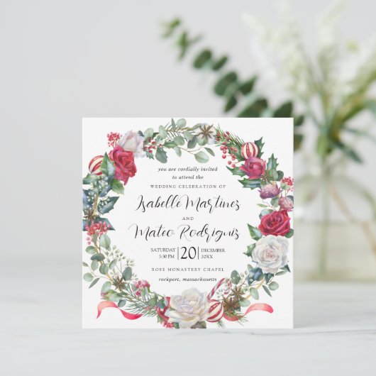 Eleganter Weihnachtsplatz in Roter Blüte Einladung (Stehend Vorderseite)