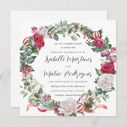 Eleganter Weihnachtsplatz in Roter Blüte Einladung (Vorne/Hinten)