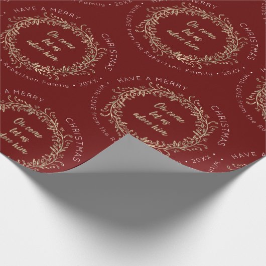 Eleganter Weihnachtsreath Adore Ihn Red Gold Geschenkpapier (Ecke)