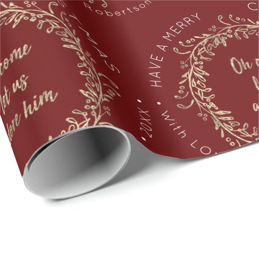 Eleganter Weihnachtsreath Adore Ihn Red Gold Geschenkpapier (Rolleneckpunkt)