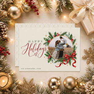 Eleganter Weihnachtsroter Schleifen Kranz Foto  Feiertagskarte