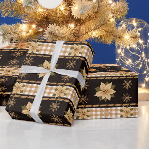 Eleganter Weihnachtsstern Karo Schwarz TMF26 Geschenkpapier