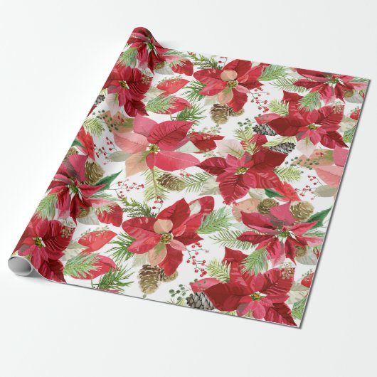 Eleganter Weihnachtsurlaub Poinsettia Pine Cone Geschenkpapier (Ungerollt)