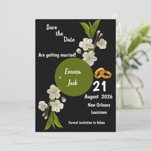 Eleganter Weißblütenzweig Save the Date Blumenzwei (Stehend Vorderseite)