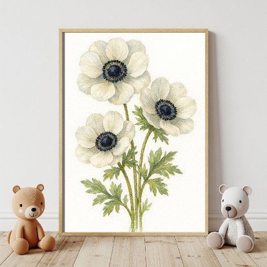 Eleganter weißer Anemone Botanische Wasserfarbe Poster