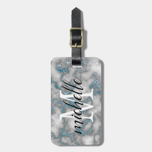 Eleganter weißer Blaue Marmor | Monogramm Custom Gepäckanhänger (Vorderseite vertikal)