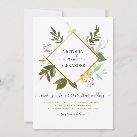 Eleganter, weißer, blauer goldfarbener Rahmen Hoch Einladung (Vorderseite)