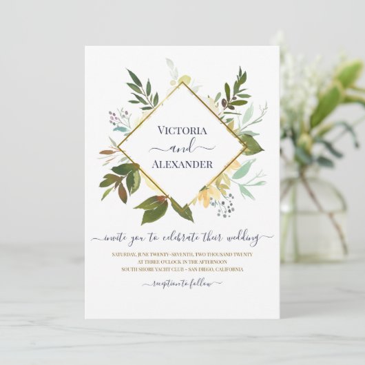 Eleganter, weißer, blauer goldfarbener Rahmen Hoch Einladung (Stehend Vorderseite)