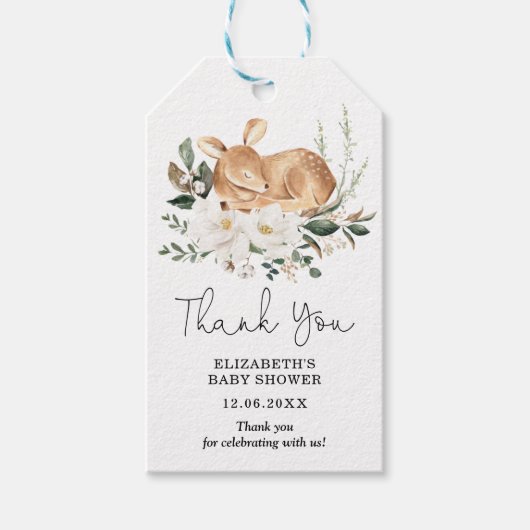 Eleganter weißer Blumenwald Deer Baby Geschenkanhänger (Vorderseite)