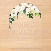 Eleganter weißer Botanischer Hochzeitsplatz Acryleinladungen (Vorderseite)