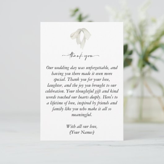 Eleganter weißer Bow verbindet die Knotenhochzeit Dankeskarte (Stehend Vorderseite)