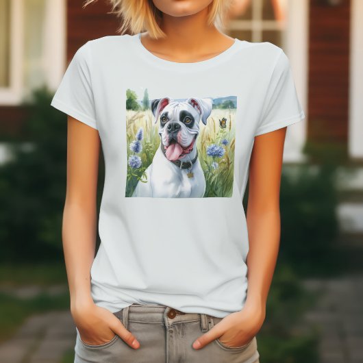 Eleganter weißer Boxerhund unter den Blüten T-Shirt