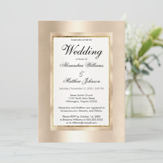 Eleganter, weißer Champagner-Glamour Hochzeit Einladung (Stehend Vorderseite)