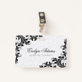 Eleganter weißer Damask und schwarze Spitze Ausweis (Vorderseite mit Klammer)