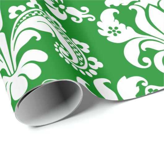 Eleganter weißer Damaskus, grüner Hintergrund Geschenkpapier (Rolleneckpunkt)
