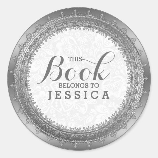 Eleganter weißer Damaskus und silberfarbener Rahme Runder Aufkleber (Vorderseite)