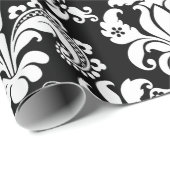 Eleganter weißer Flora Damaskus Schwarzer Hintergr Geschenkpapier (Rolleneckpunkt)