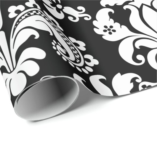 Eleganter weißer Flora Damaskus Schwarzer Hintergr Geschenkpapier (Rolleneckpunkt)