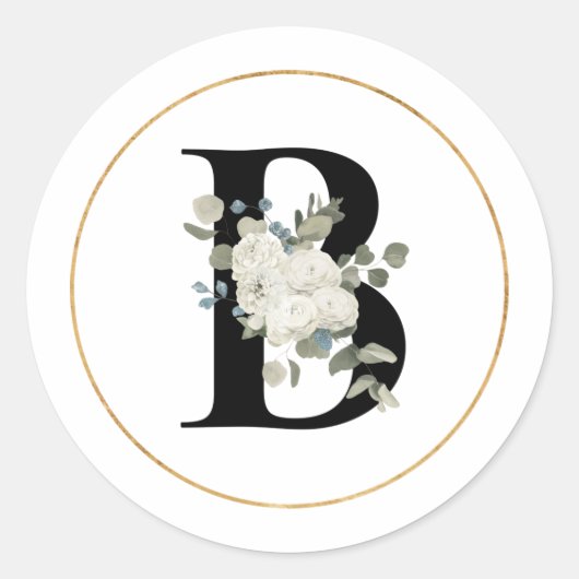 Eleganter weißer Floral Monogramm Buchstabe B auf  Runder Aufkleber (Vorderseite)