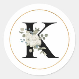 Eleganter weißer Floral Monogramm Letter K auf Wei Runder Aufkleber