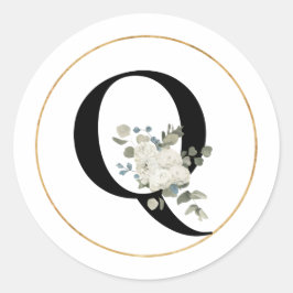 Eleganter weißer Floral Monogramm Letter Q auf Wei Runder Aufkleber