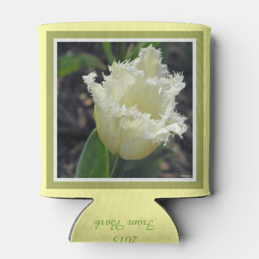 Eleganter weißer Frayed Tulip mit Grenzdesign Dosenkühler (Rückseite)