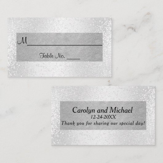 Eleganter weißer Glitzer und Silber Platzkarte (Vorne/Hinten)