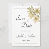 Eleganter, weißer Goldblütenlilie Save the Date Einladung (Vorderseite)